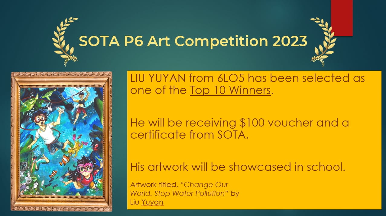 SOTA P6 Art Competition 2023 winner announcement with underwater-themed painting by Liu Yuyan titled Stop Water Pollution.